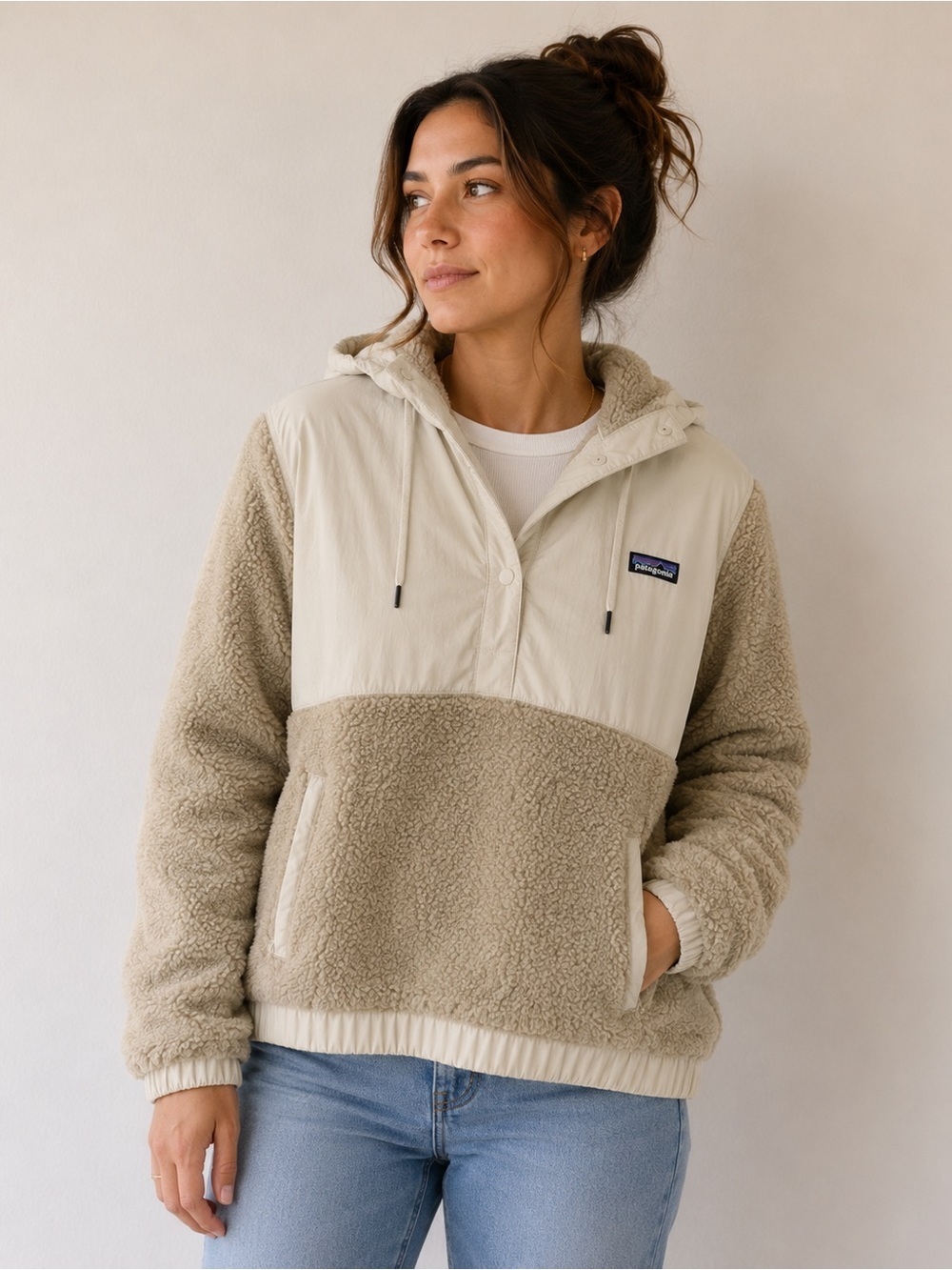 Patagonia Shelled Retro-X Pullover Size M Sherpa Fleece Beige Hooded Jacket